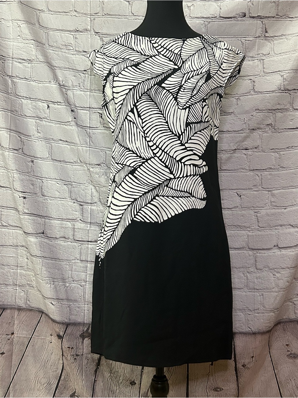 LOFT Black and White Leaf-Print Midi Dress
